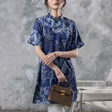 批发限价+12+小视频 蓝色国风印花短袖旗袍衬衫女士夏季斜襟显瘦上衣