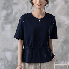 批发限价+12+小视频 2026夏季新款深蓝色圆领肩部明线抽绳短袖T恤女