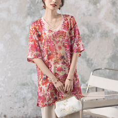 批发限价+12+小视频 2026夏季气质V领中长款印花小衫百搭新中式女装