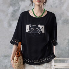 批发限价+12+小视频 印花镂空短袖T恤女胖MM宽松显瘦遮肚子别致上衣