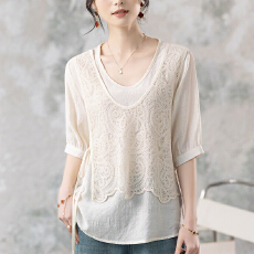 批发限价+12+小视频 新中式立体浮雕刺绣假两件短袖t恤女夏季衬衫上衣