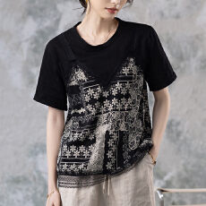 批发限价+12+小视频法式碎花假两件短袖女装2026夏季遮肚显瘦上衣套装