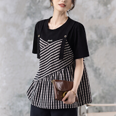 批发限价+12+小视频 设计感条纹假两件上衣女夏季时尚百搭显瘦上衣