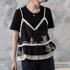 批发限价+12+小视频 假两件拼接蕾丝衫t恤女夏季2026年民族风短袖上衣