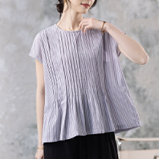 批发限价+12+小视频新款轻奢条纹圆领小飞袖衬衫显瘦绝美爆款上衣女