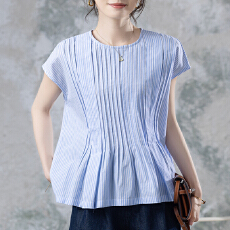 批发限价+12+小视频新款轻奢条纹圆领小飞袖衬衫显瘦绝美爆款上衣女