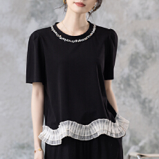 批发限价+12+小视频荷叶边下摆拼接圆领短袖T恤2026夏季新款时尚上衣