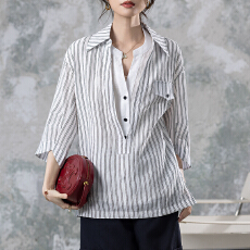 批发限价+12+小视频假两件撞色条纹衬衫2026夏季新款法式气质百搭上衣