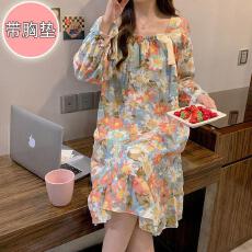 批发量大价优26年春季皱布带胸垫长袖睡裙少女中长裙直播高品可外穿