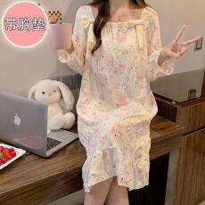 批发量大价优26年春季皱布带胸垫长袖睡裙少女中长裙直播高品可外穿