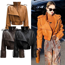 批发欧货爆款辣妹肩章翻袖设计感荔枝纹PU<b class='q'>皮衣</b>外套春秋季机车服