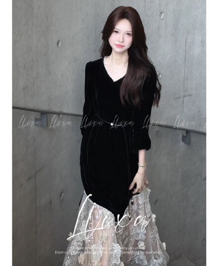 liixu 프랑스식 긴팔 여성 드레스 새로운 고급 센스 품격 패치워크 망사 길다 치마 벨트 포함