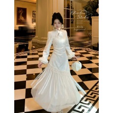 批发Blovelan绒雪沁香 新中式立领<b class='q'>气质</b>温柔加绒加厚流苏旗袍<b class='q'>连衣裙</b>冬