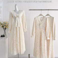 批发Blovelan迷迭花园 法式纯欲v领蕾丝<b class='q'>连衣裙</b>收腰千金风蓬蓬裙加绒