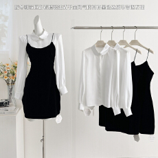 批发法式千金风气质衬衫黑色<b class='q'>丝绒</b>吊带连衣裙女2025秋冬新款巨好看<b class='q'>套装</b>