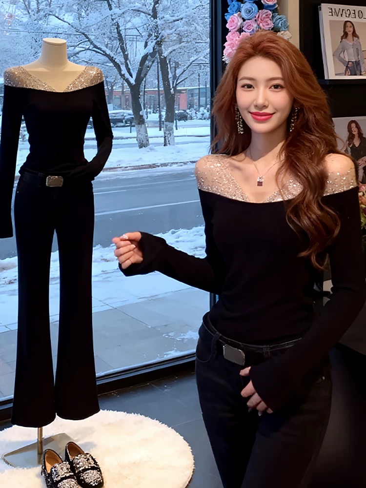 순수한 욕망 바람 품격 무거운 작업 핫픽스 오프숄더 기본 셔츠 여성 가을 겨울 검정색 오프숄더 맨위 몸매 가꾸기 슬림해 보이는 티셔츠