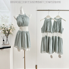 批发kubiliv海蓝碎珀重工挂脖挖肩纯欲氛围感手工钉珠收腰<b class='q'>连衣裙</b>