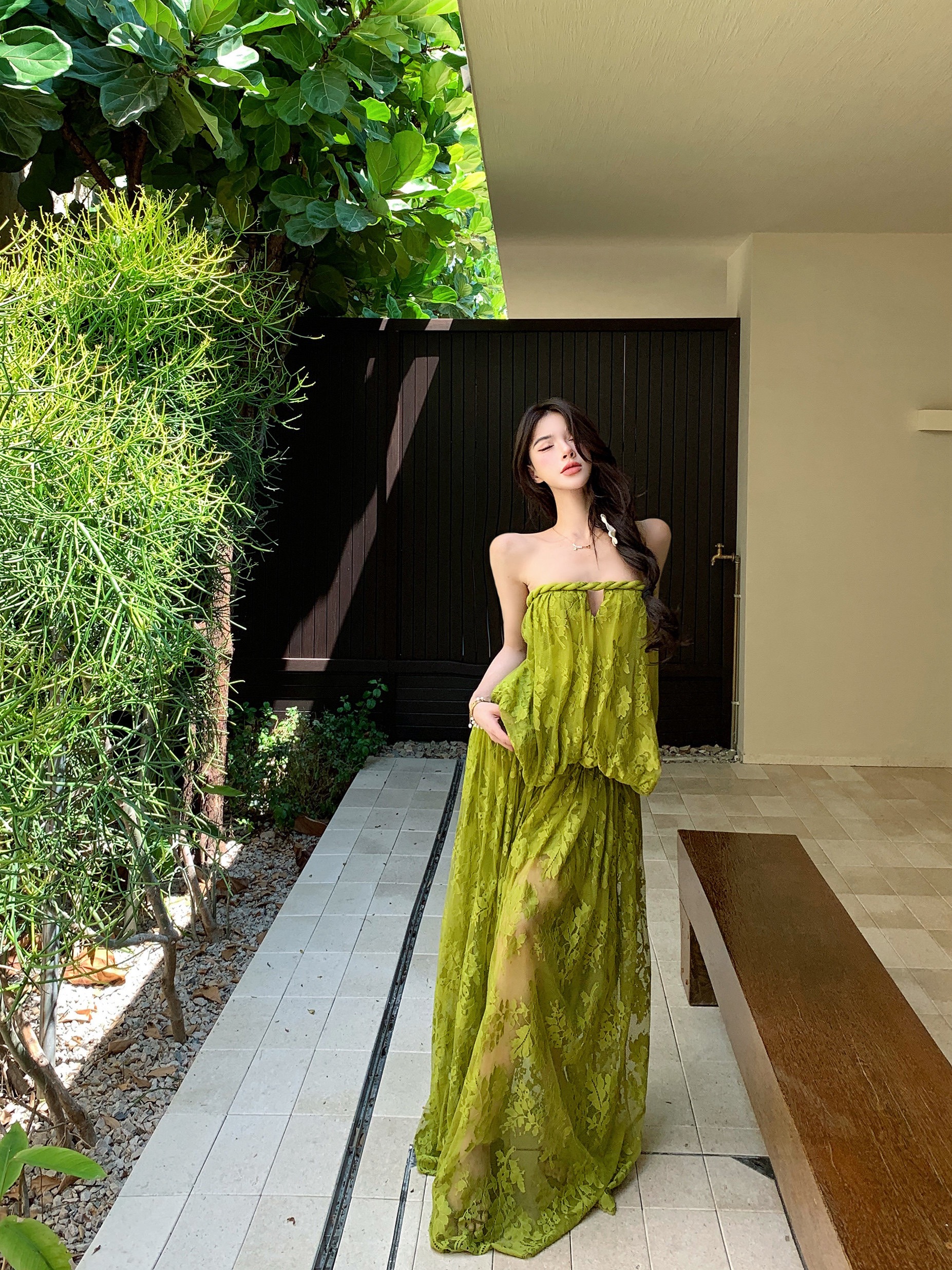 먼지 덩 덩 프랑스식 오프숄더 튜브탑 레이스 맨위 꽃밭 반 스커트 세트