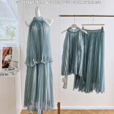 批发有洧Youwe薄荷少女气质显瘦夏季长款高级氛围感套装