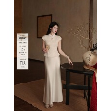 批发凌茜恣禾白茶山新中式立领镂空百搭蕾丝小衫上衣气质缎面半身套装