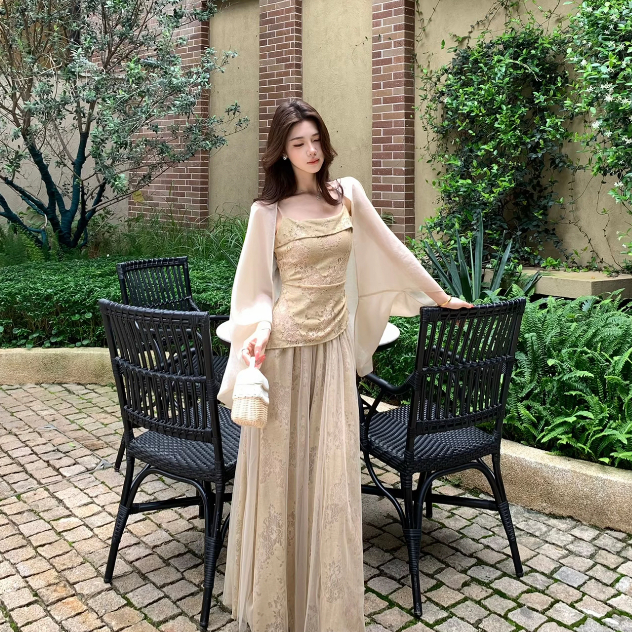 무쯔리 목자이 ~ 중 리 로터스 안개 그것 라임 감기 센스 홀로우 아웃 레이스 슬립 맨위 도루 센스 망사 반신 스커트 세트