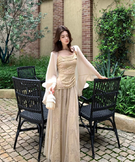 무쯔리 목자이 ~ 중 리 로터스 안개 그것 라임 감기 센스 홀로우 아웃 레이스 슬립 맨위 도루 센스 망사 반신 스커트 세트