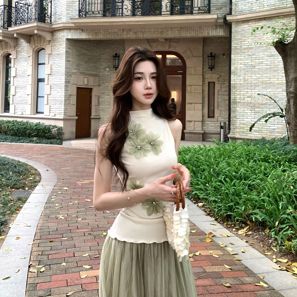 무쯔리 목자이 ~ 중 리 대양 빌라 청 꽃 부드러운 순수한 욕망 바람 꽃 반하이넥 민소매 얇은 스타일 니트 조끼 맨위 세트