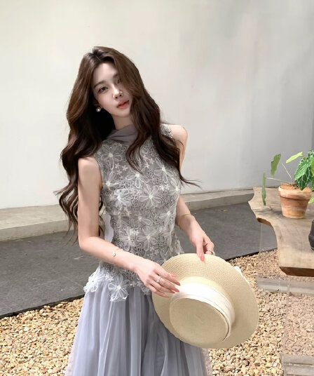 무쯔리 목자이 ~ 중 리 제직 밀가루 포함 꽃 감기 품격 3 차원 꽃잎 레이스 망사 패치워크 민소매 허리 수축 맨위 세트
