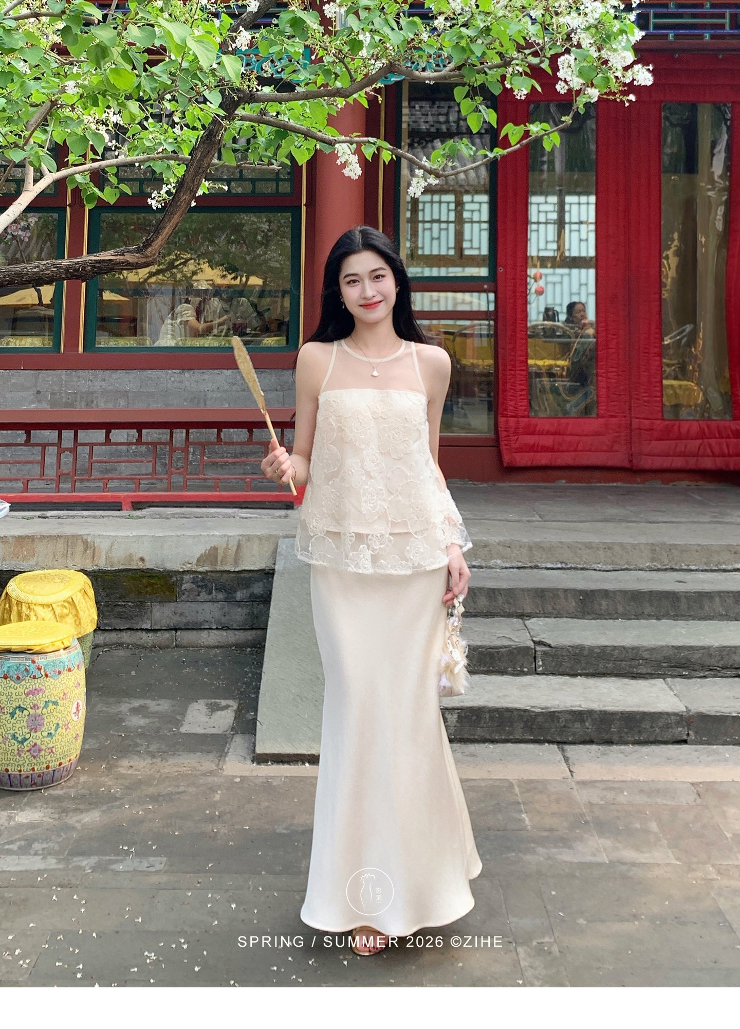 링 茜 거만한 와우 문폴 부드러운 실 국풍 새로운 중식 망사 베스트 품격 슬림해 보이는 분위기 센스 새틴 반신