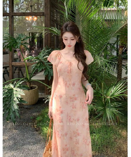 링 茜 거만한 와우 구름 사쿠라 빛 소매 새로운 중식 품격 프랑스식 여름 슬림해 보이는 꽃무늬 드레스 작은 날다 소매 롱 스커트