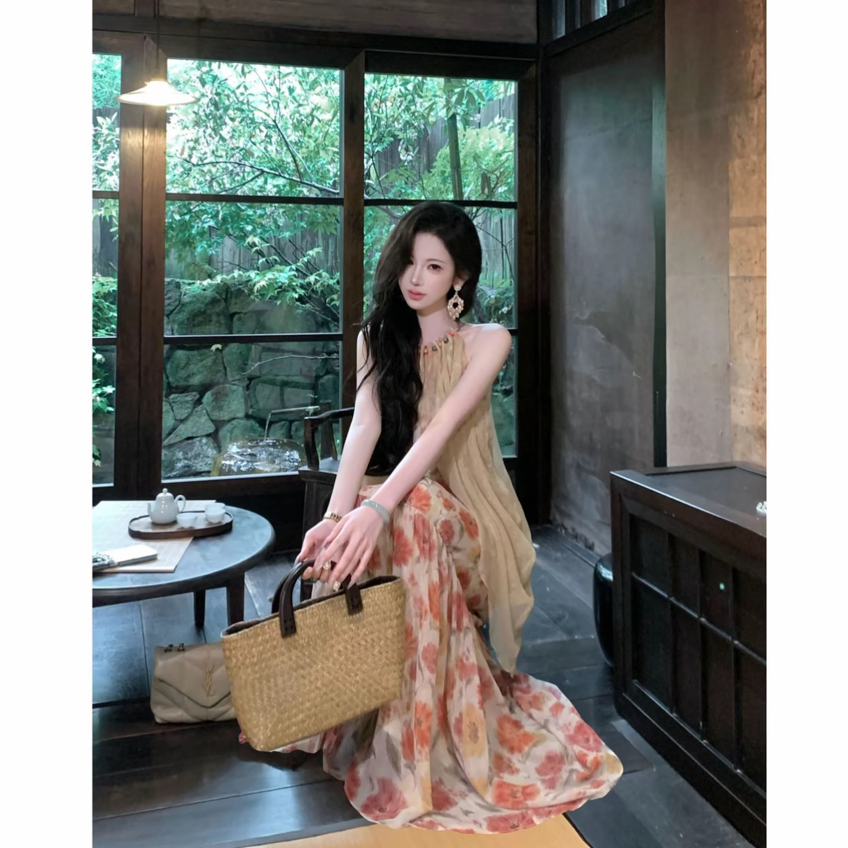 우아한 조 맞춤 손바닥 장미 비즈 행침 목 프린트 페이크 레이어드 드레스