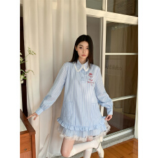 批发已出货色条纹衬衫裙蕾丝花边娃娃裙早秋新款长袖<b class='q'>连衣裙</b>