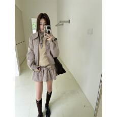 批发已出货设计美式复古<b class='q'>千鸟格</b>哈灵顿翻领夹克宽松拉链短外套女连衣裙