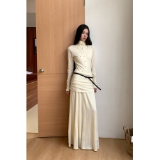 批发原创设计法式优雅高领针织连衣裙高腰刺绣双排扣大摆<b class='q'>长裙</b>