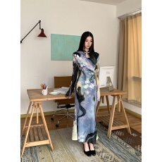 批发已出货印象派原创印花旗袍连衣裙女高腰<b class='q'>显瘦</b>鱼尾长裙