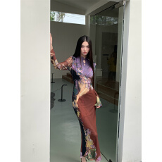 批发已出货新中式撞色印花旗袍连衣裙