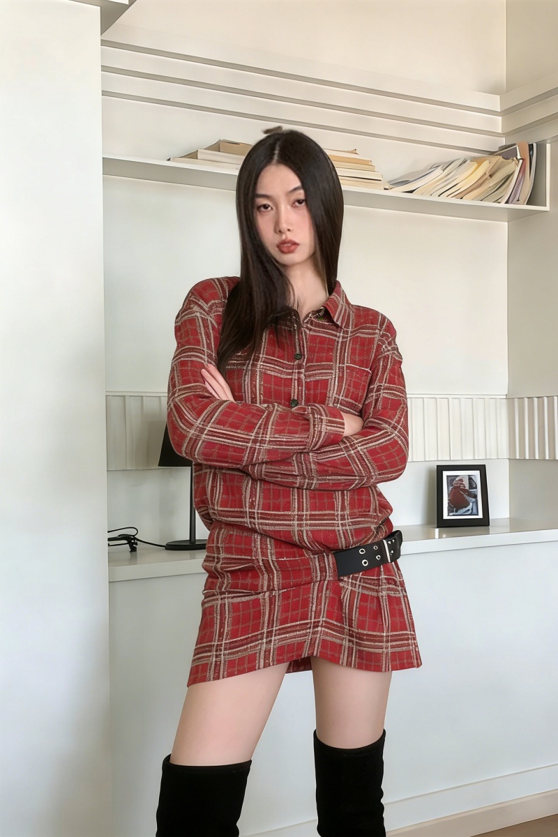 보여주기 섹션 고대 조기 펑크 플란넬 빨간색 체크무늬 셔츠 벨트 버클 셔츠 드레스