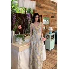 批发南法花影浪漫<b class='q'>印花</b>撞色荷叶边大露背<b class='q'>连衣裙</b>度假风仙女长裙