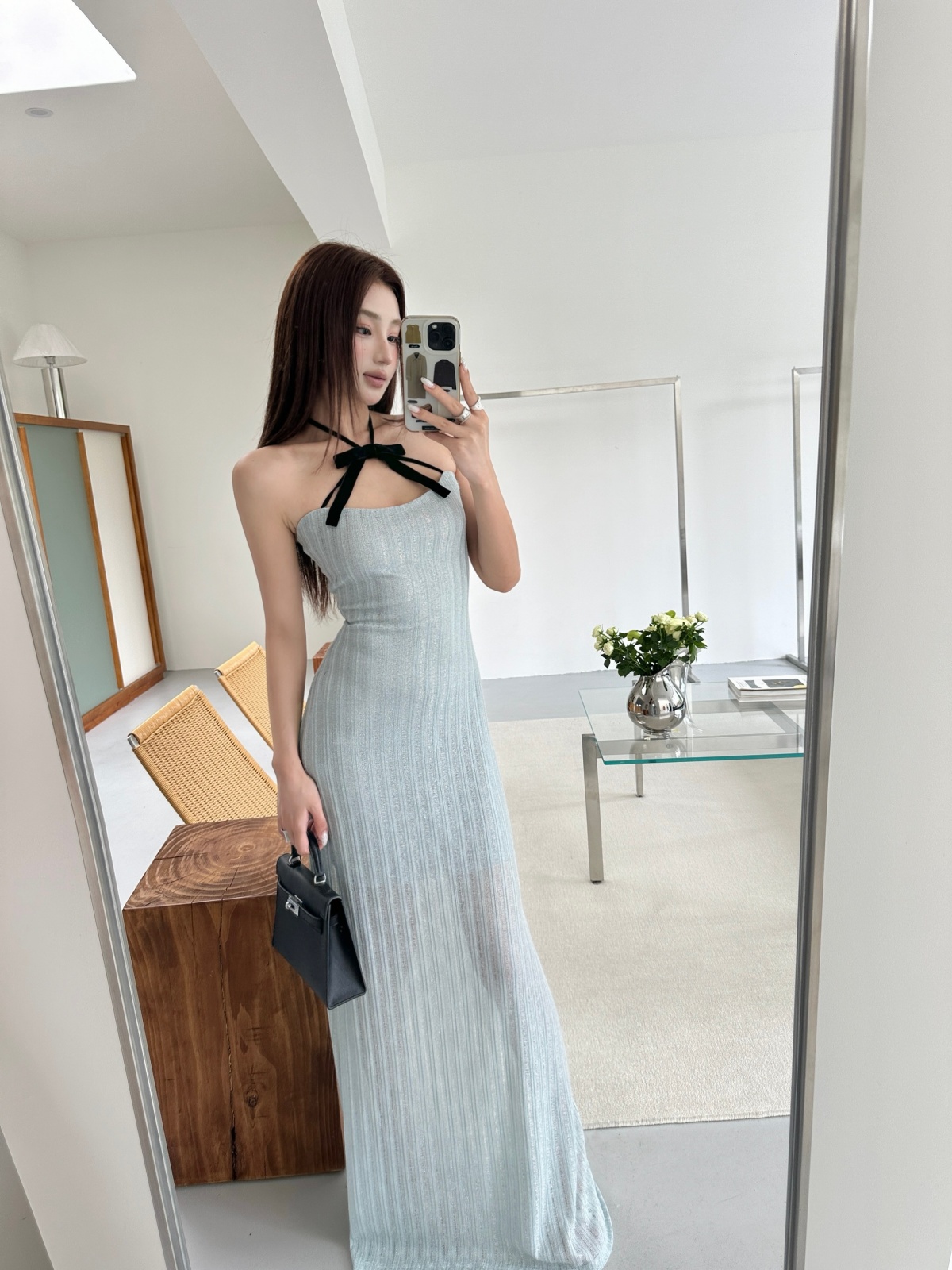 파란색 나비 매듭 행침 목 튜브탑 디자인 품격 점프 슈트 롱 스커트