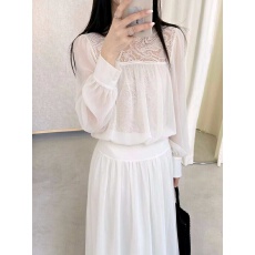 批发温柔雪纺蕾丝长袖连衣裙<b class='q'>白色</b>生日订婚礼服裙法式度假<b class='q'>长裙</b>
