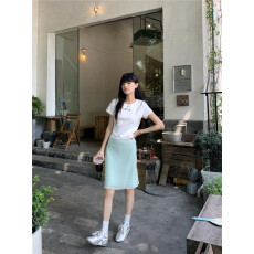 实拍实价 白色短袖T恤绣花圆领正肩上衣+碎花薄荷绿鱼尾半身裙