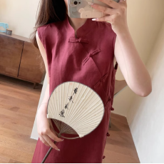 批发新中式改良亚麻无袖<b class='q'>旗袍</b>裙手工盘扣A字背心<b class='q'>连衣裙</b>女2025夏