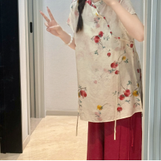 批发新中式国风文艺复古斜襟盘扣石榴短袖小衫