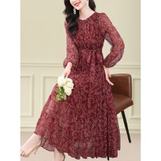 批发连衣裙春季2026新款优雅复古圆领印花裙桑蚕丝奢华收腰A字裙