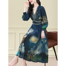 批发连衣裙春季2026新款高贵洋气复古印花裙桑蚕丝别致V领显瘦裙