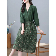 批发V领<b class='q'>亚麻</b>连衣裙女2026夏季新款收腰显瘦妈妈裙子