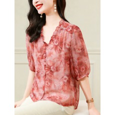 批发红色真丝双绉<b class='q'>上衣</b>女款夏季2026新款v领五分袖宽松轻奢<b class='q'>桑蚕丝</b>衬衫