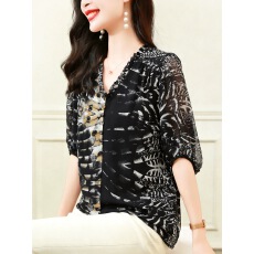 批发黑色双绉<b class='q'>上衣</b>女款夏季2026新款v领五分袖气质轻奢<b class='q'>桑蚕丝</b>衬衫