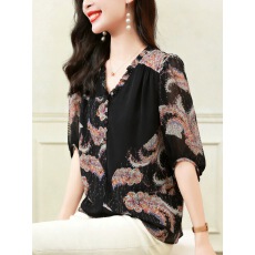 批发黑色双绉<b class='q'>上衣</b>女款夏季2026新款v领五分袖宽松舒适<b class='q'>桑蚕丝</b>小衫