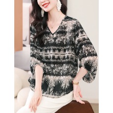 批发上衣女春季2026新款通勤风<b class='q'>宽松</b>显瘦印花T恤桑蚕丝复古V领小衫